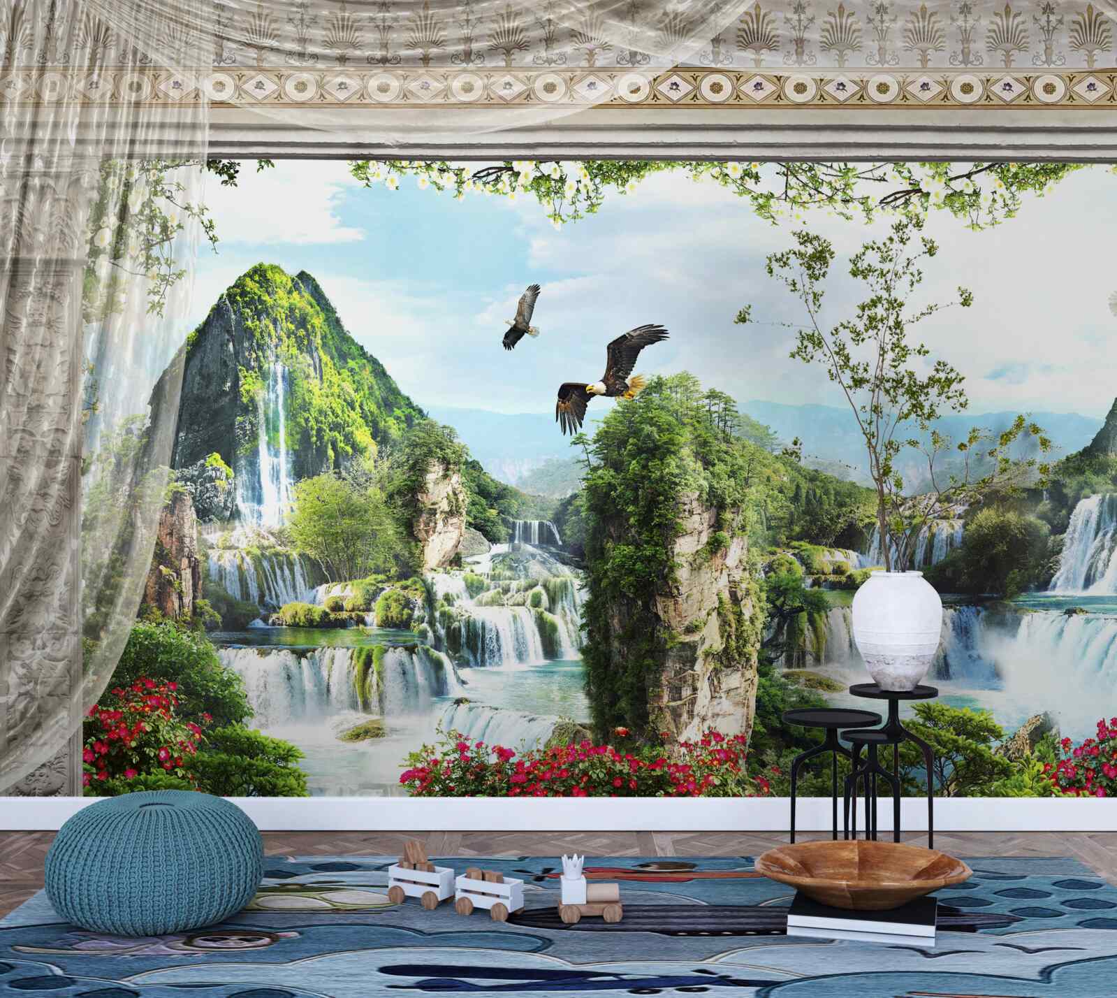 Papier peint paysage avec montagnes et chutes d'eau