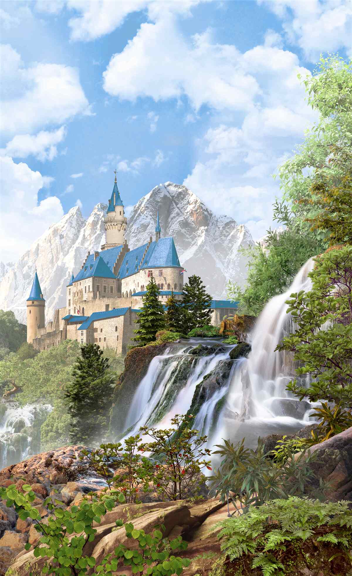 Papier peint forteresse avec en toile de fond une cascade d'eau