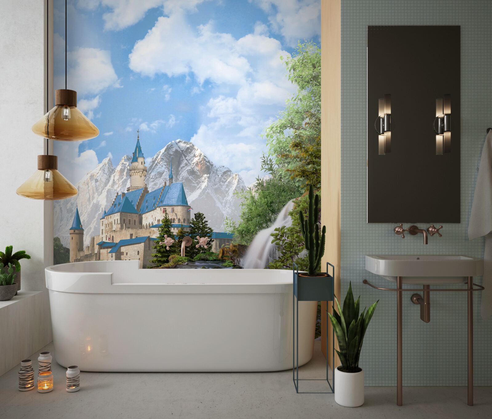 Papier peint forteresse avec en toile de fond une cascade d'eau