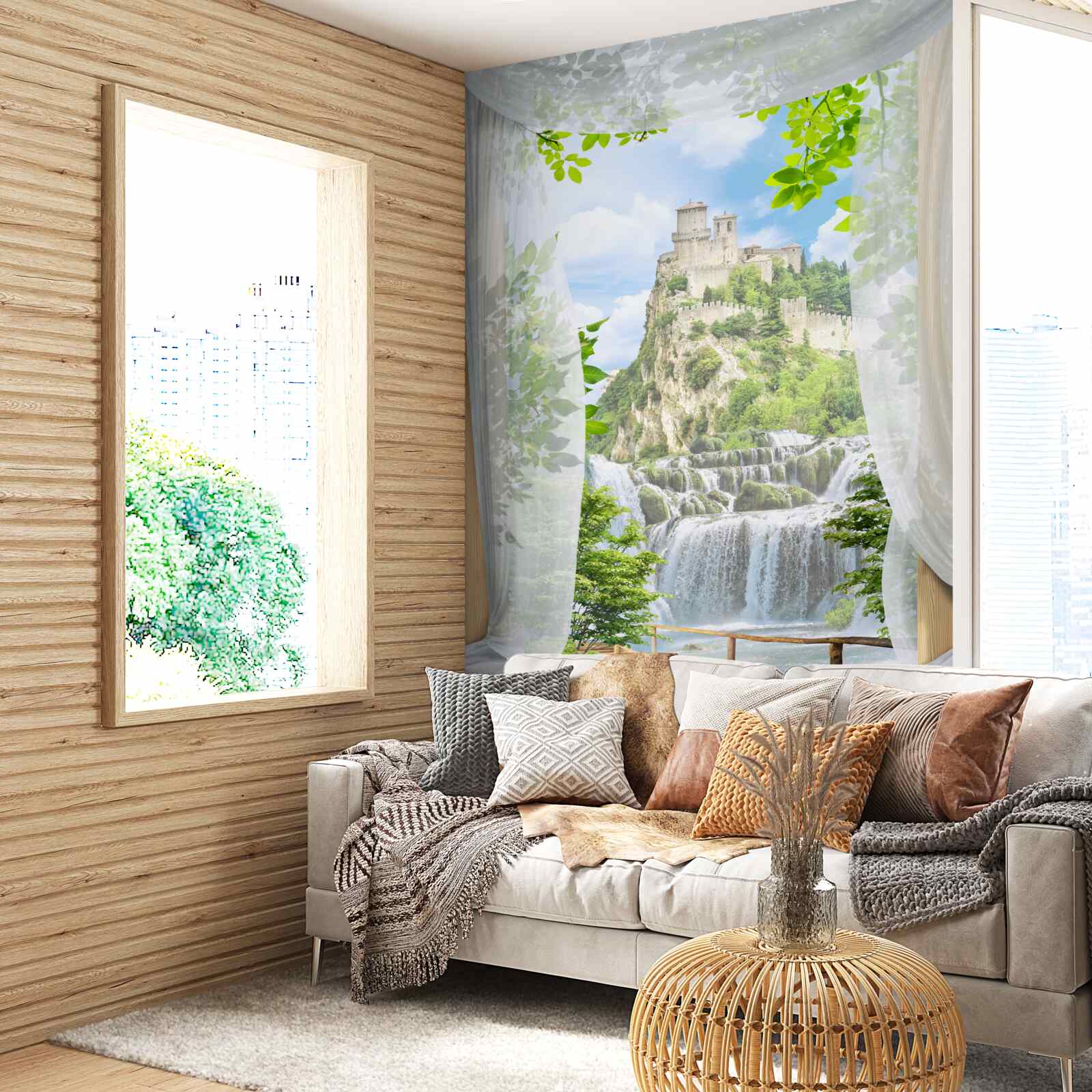 Papier peint cascade et forteresse