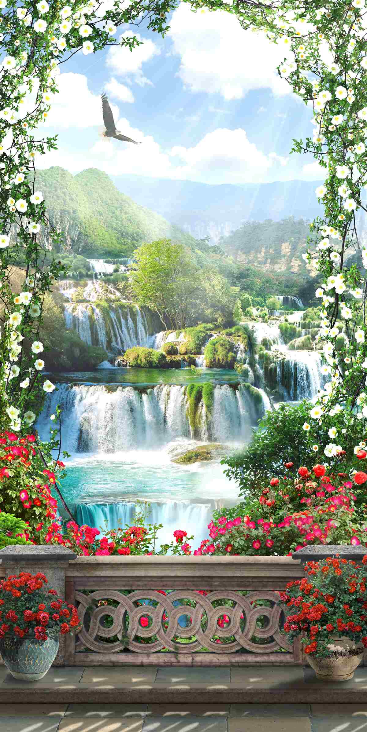 Papier peint paysage de cascade depuis le balcon
