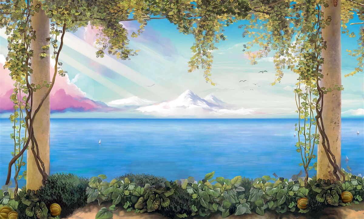Papier peint paysage avec mer et montagnes lointaines