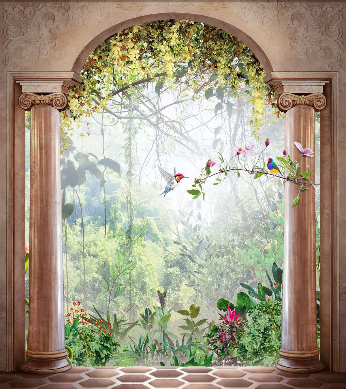 Papier peint jardin avec une arche en pierre