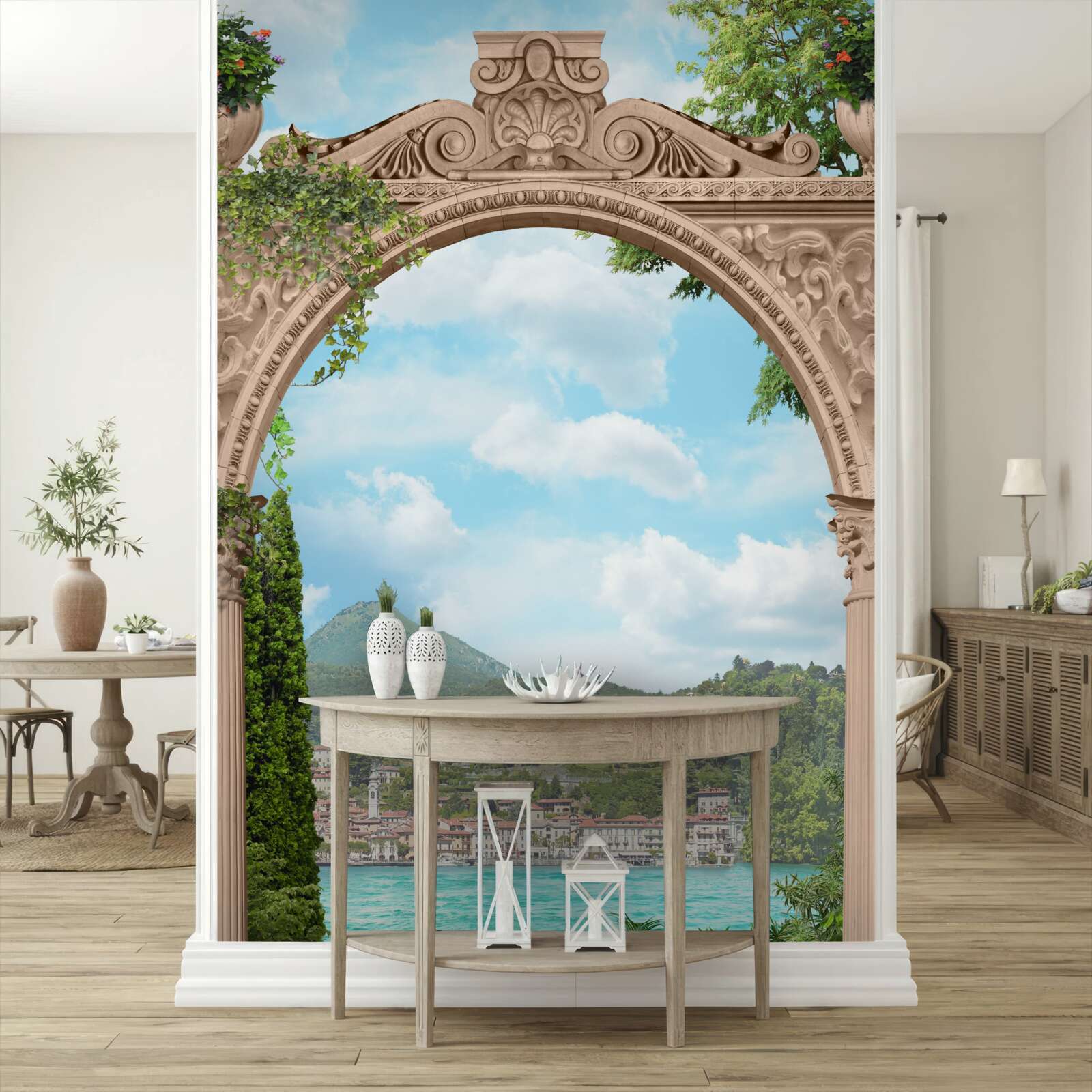 Papier peint loggia avec porte cintrée et beau paysage