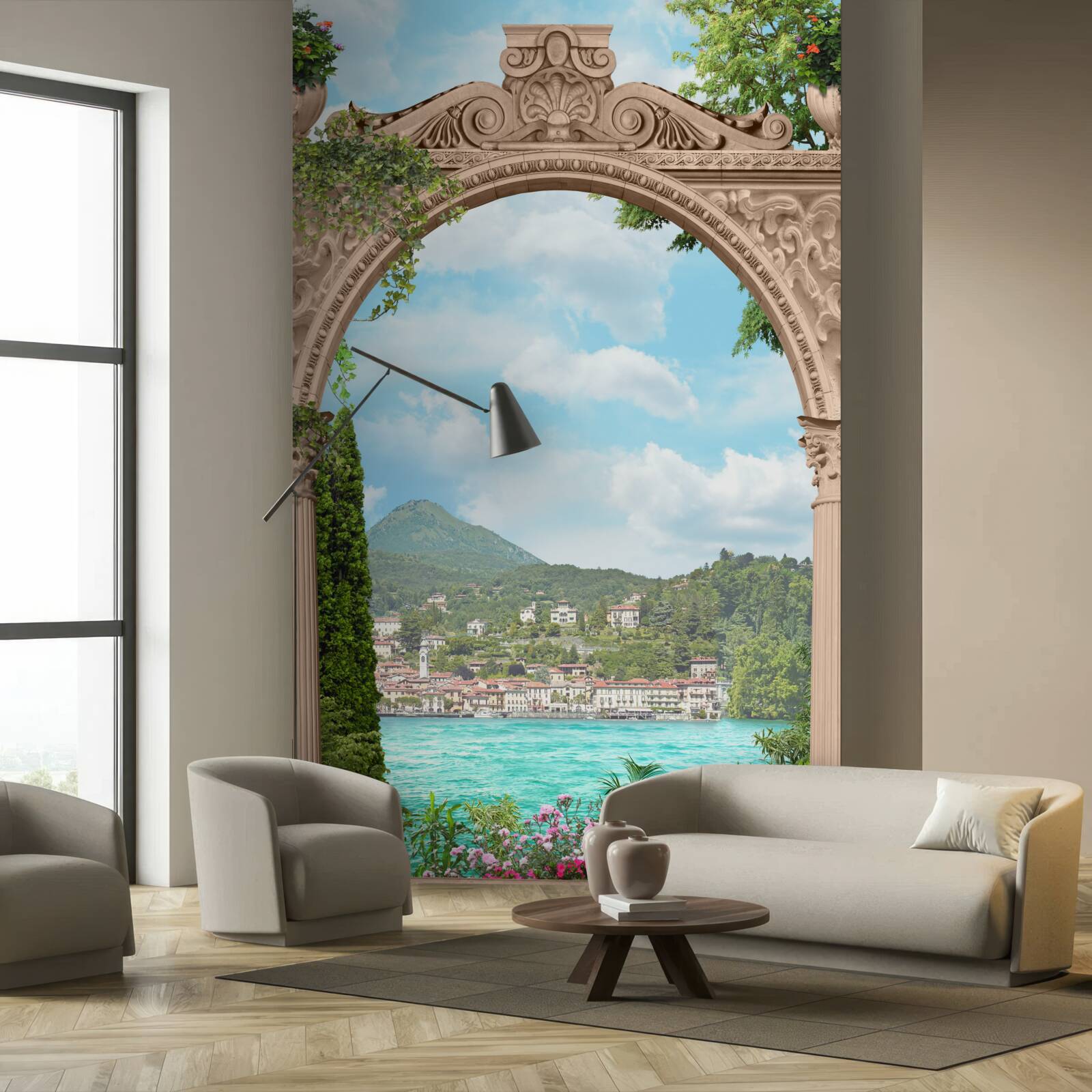 Papier peint loggia avec porte cintrée et beau paysage