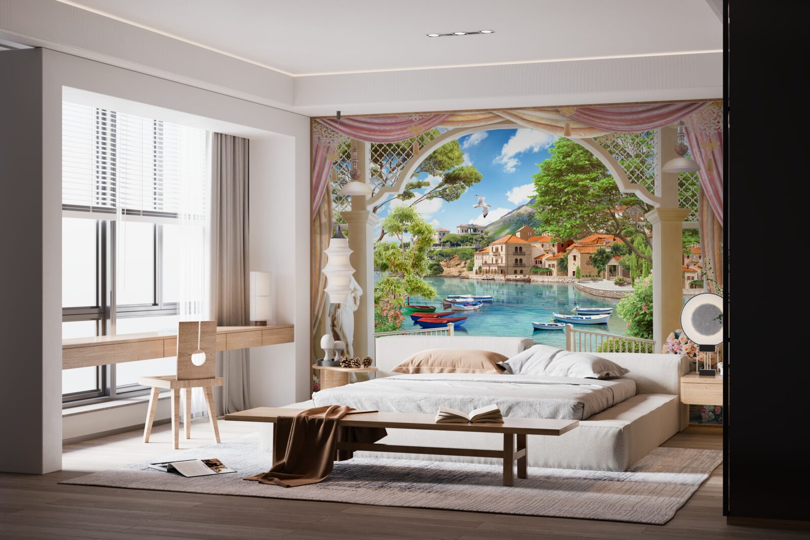 Papier peint balcon avec vue sur la mer et les bateaux