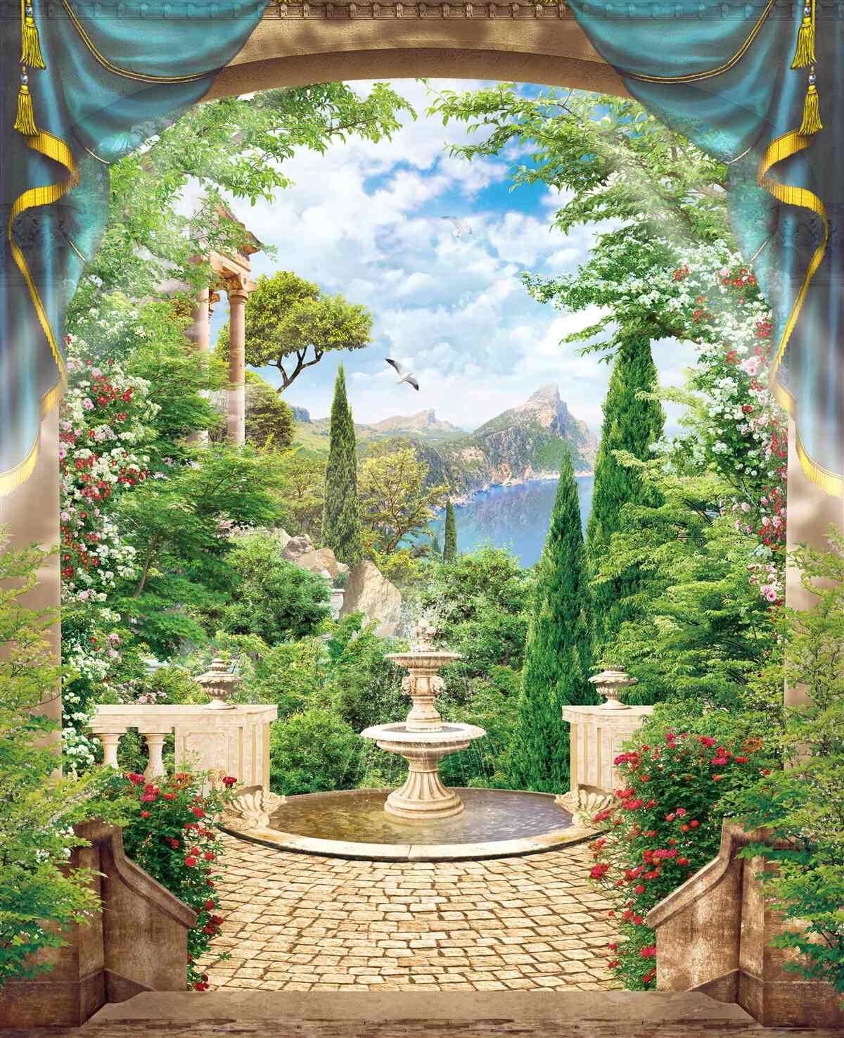 Papier peint un jardin fleuri et une fontaine jaillissant de l'eau