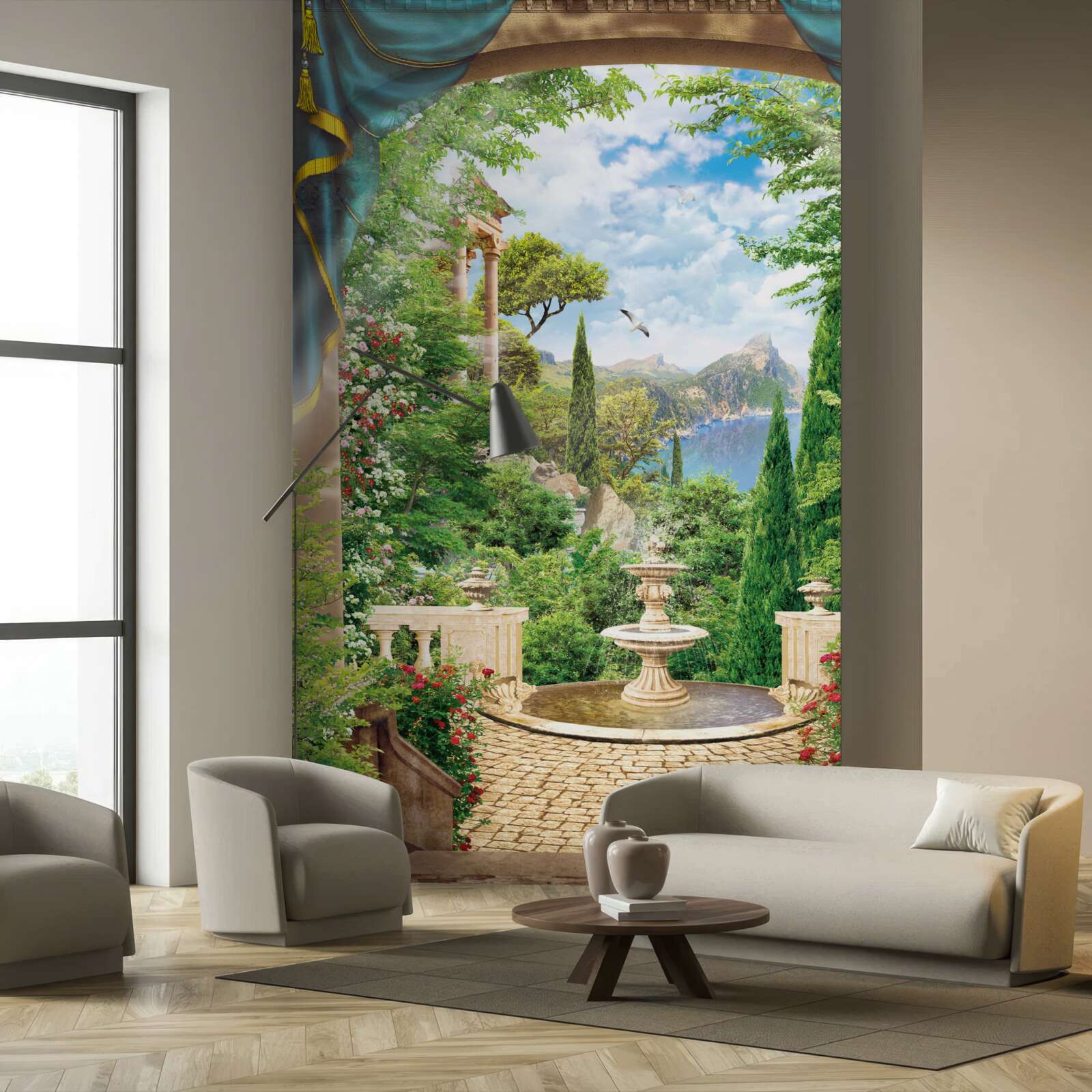 Papier peint un jardin fleuri et une fontaine jaillissant de l'eau