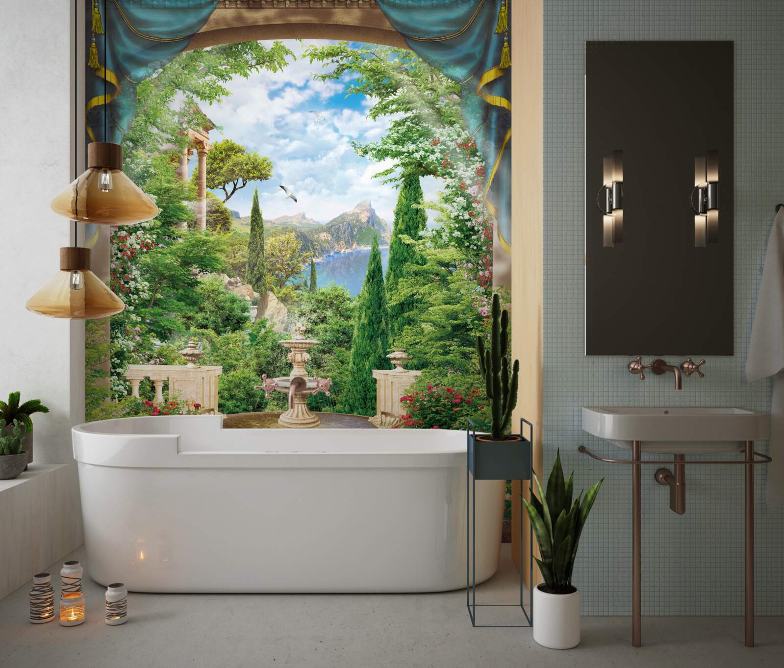 Papier peint un jardin fleuri et une fontaine jaillissant de l'eau