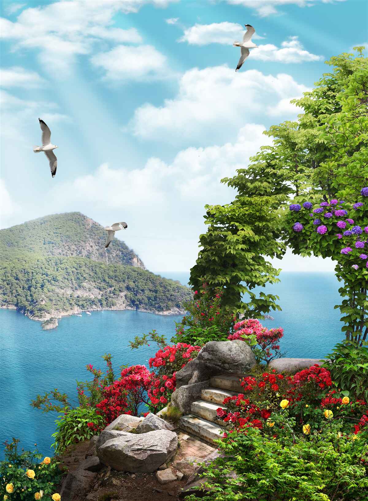 Papier peint jardin planté avec vue panoramique sur la mer