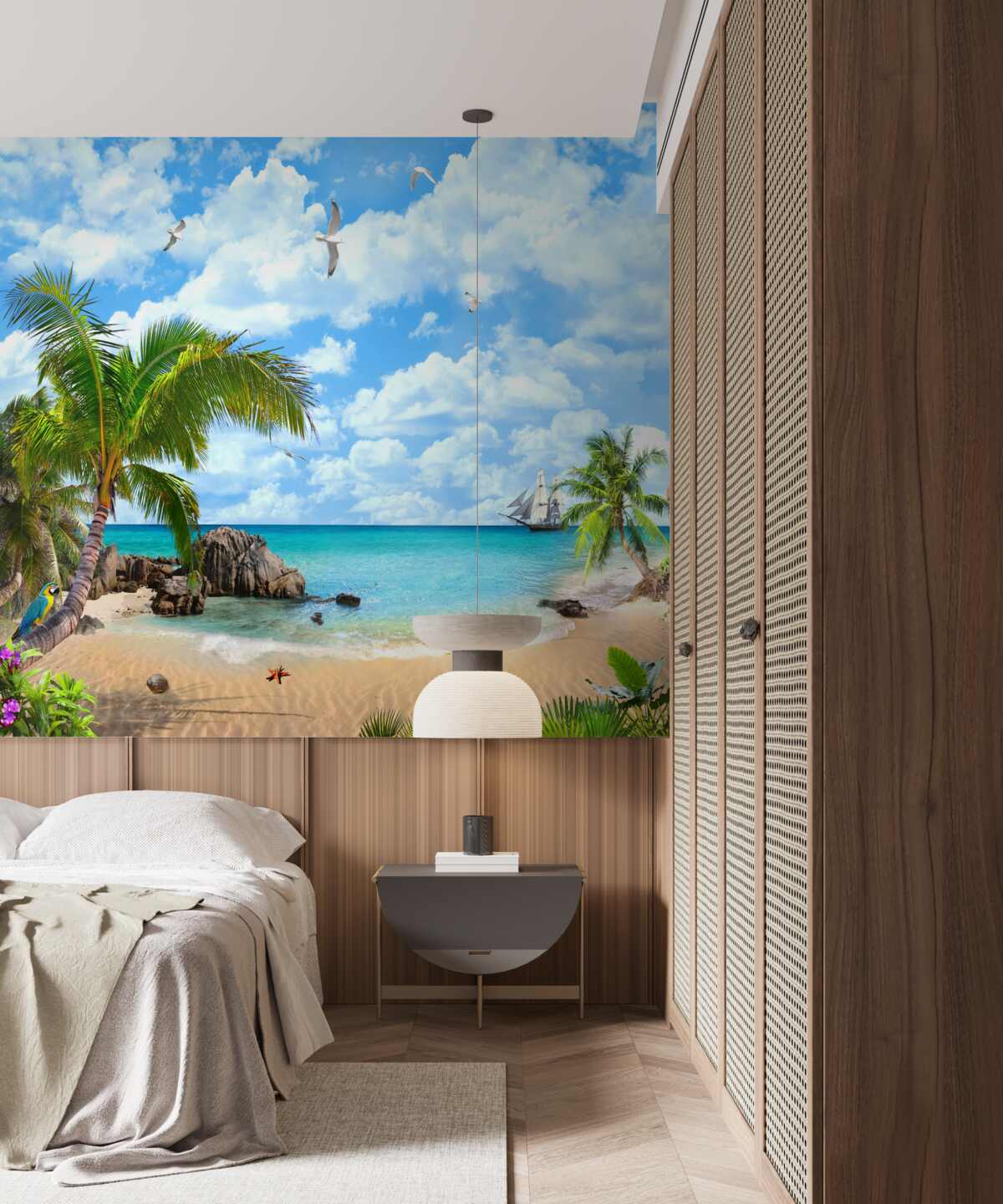 Papier peint océan, rivage sablonneux et palmiers