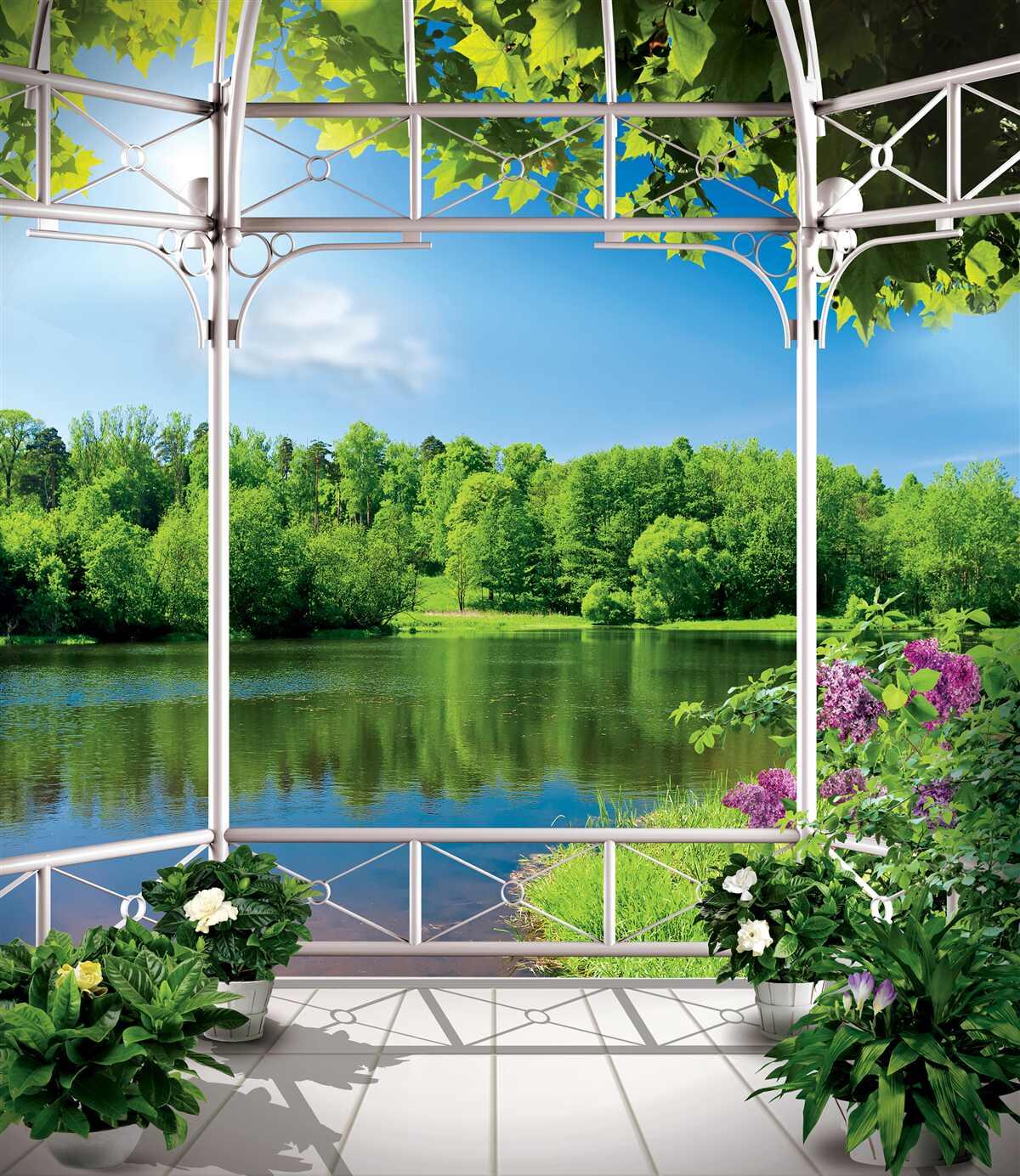 Papier peint pavillon avec plantes au bord de l'étang