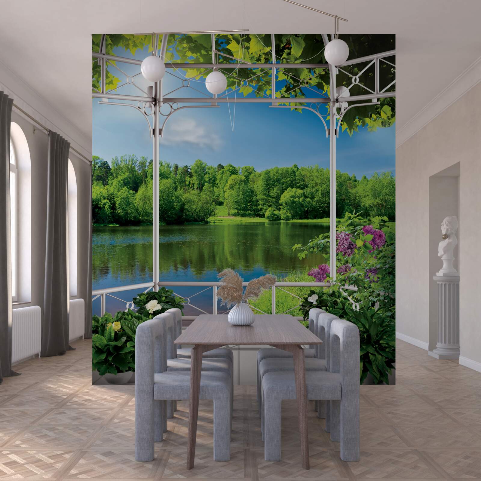 Papier peint pavillon avec plantes au bord de l'étang