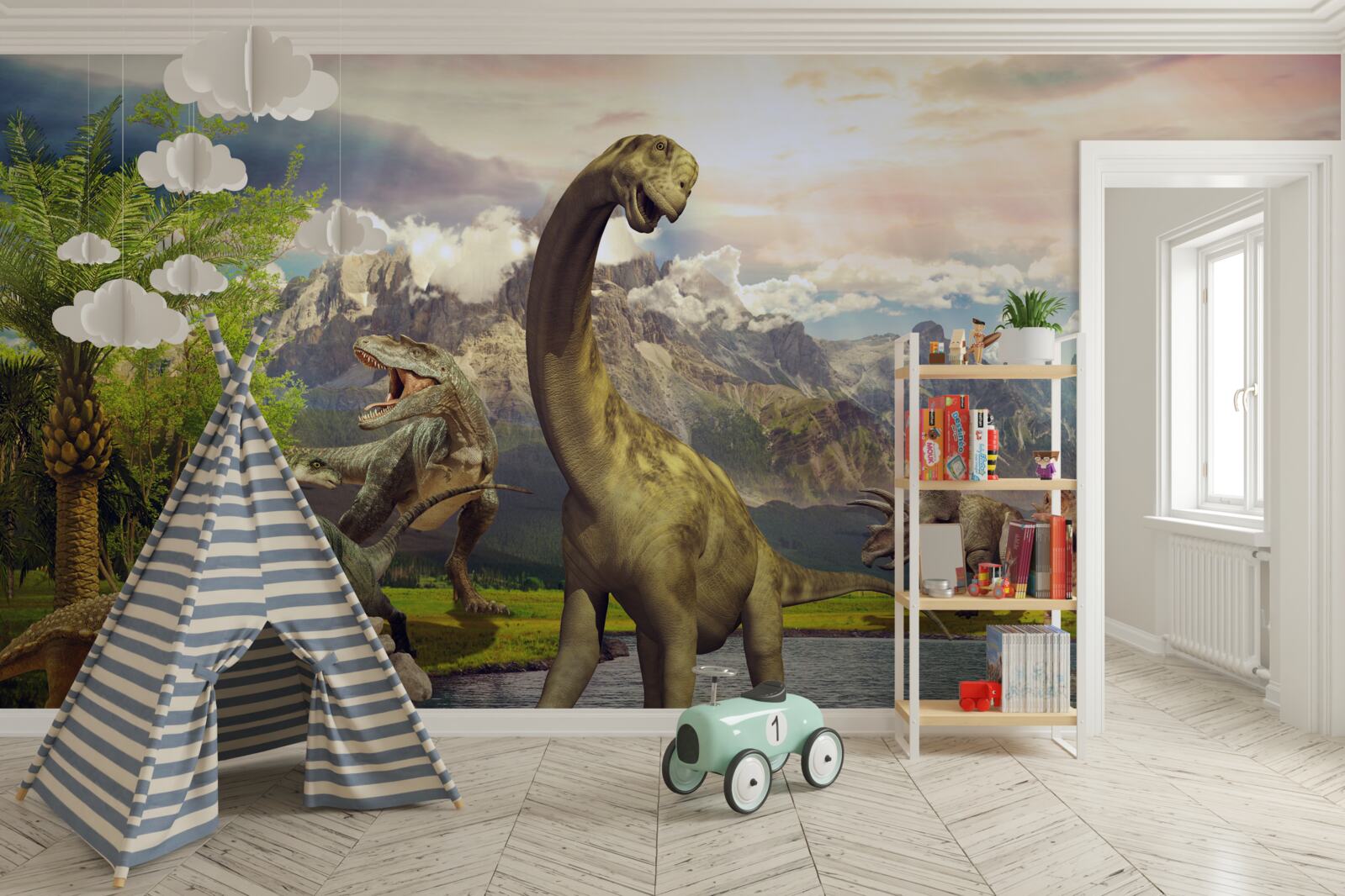 Papier peint des dinosaures étonnants au bord de l'étang