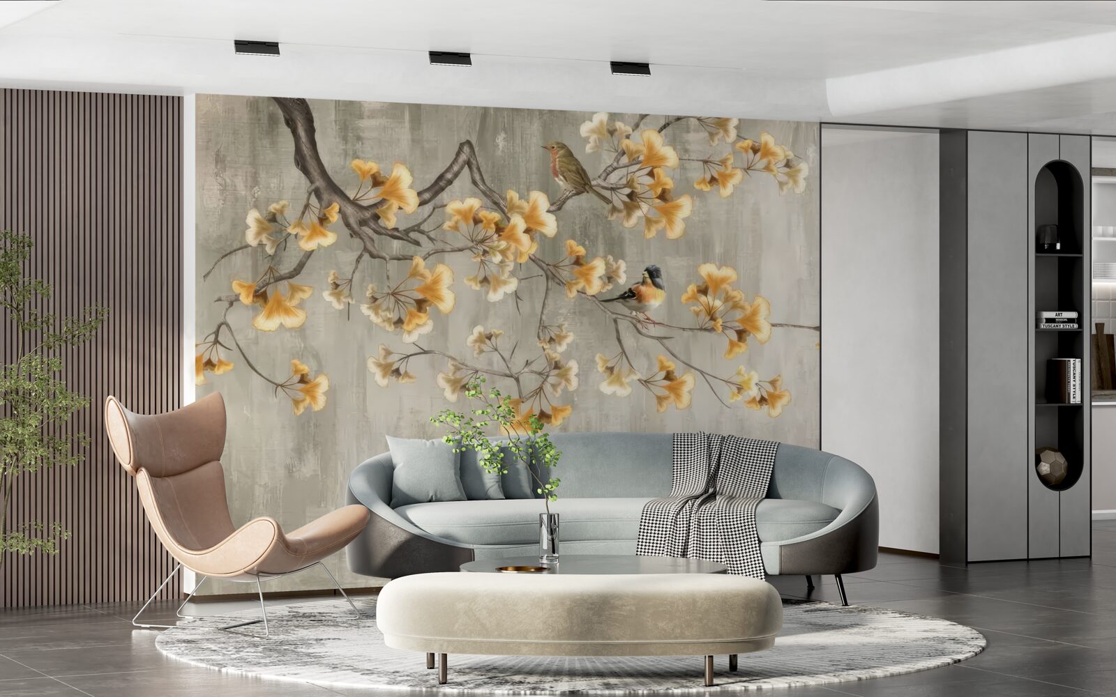 Papier peint oiseaux posés sur une branche avec des fleurs jaunes