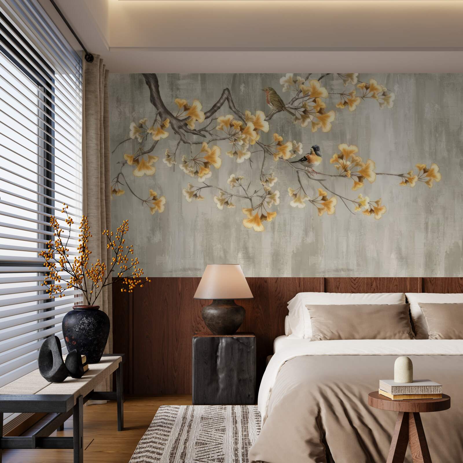 Papier peint oiseaux posés sur une branche avec des fleurs jaunes