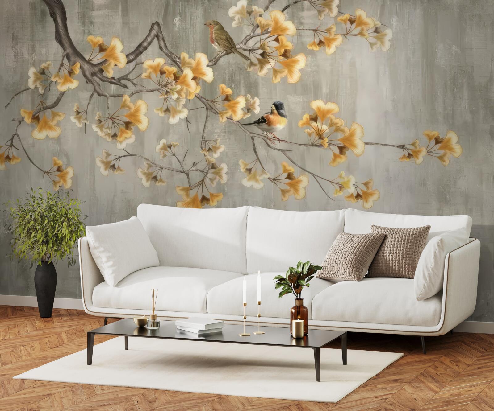 Papier peint oiseaux posés sur une branche avec des fleurs jaunes