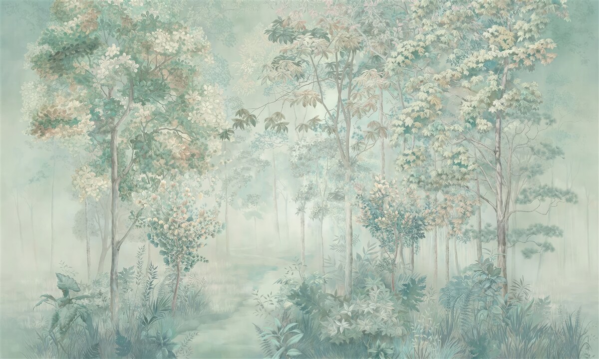 Papier peint forêt mystérieuse enveloppée de brume