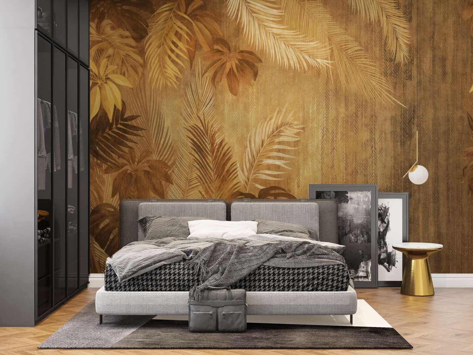 Papier peint feuilles brunes et mur