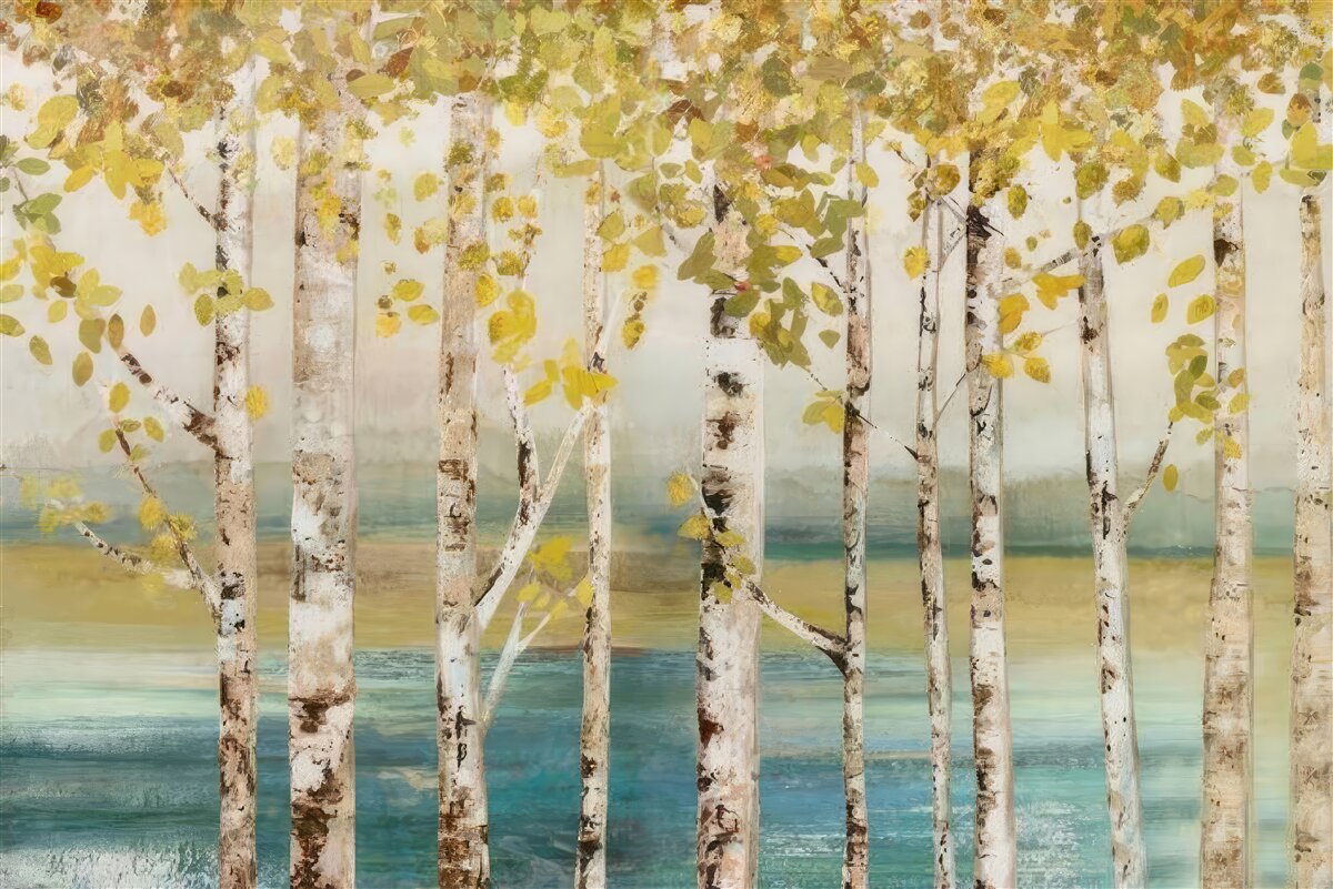 Papier peint des arbres aux feuilles jaunes se dressent près de l'eau