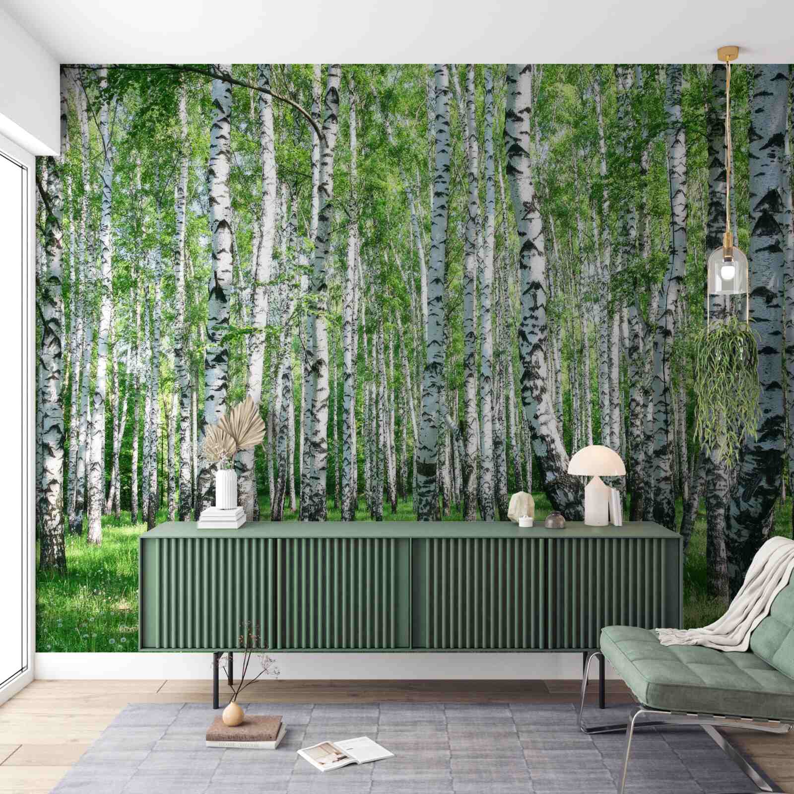 Papier peint forêt de bouleaux printanière
