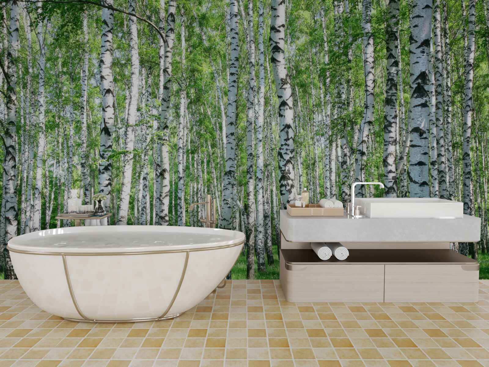 Papier peint forêt de bouleaux printanière