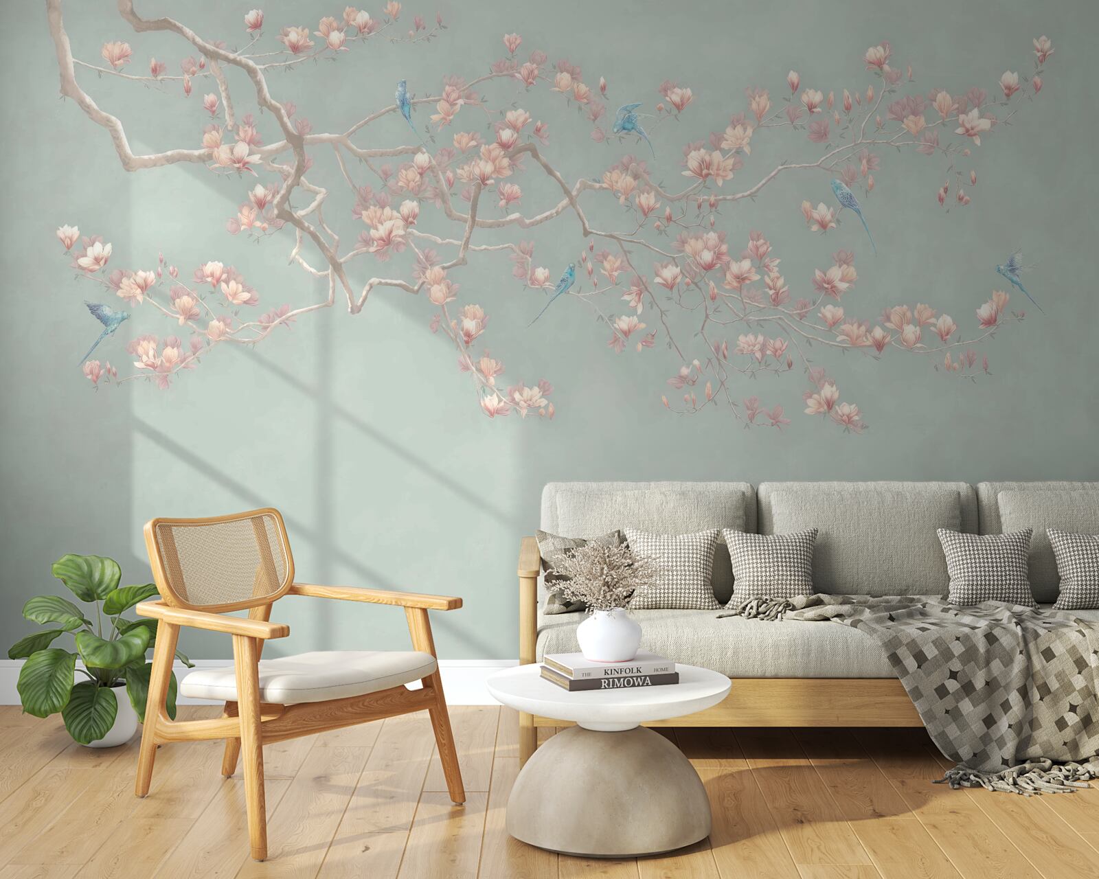 Papier peint branche avec fleurs et myrtilles