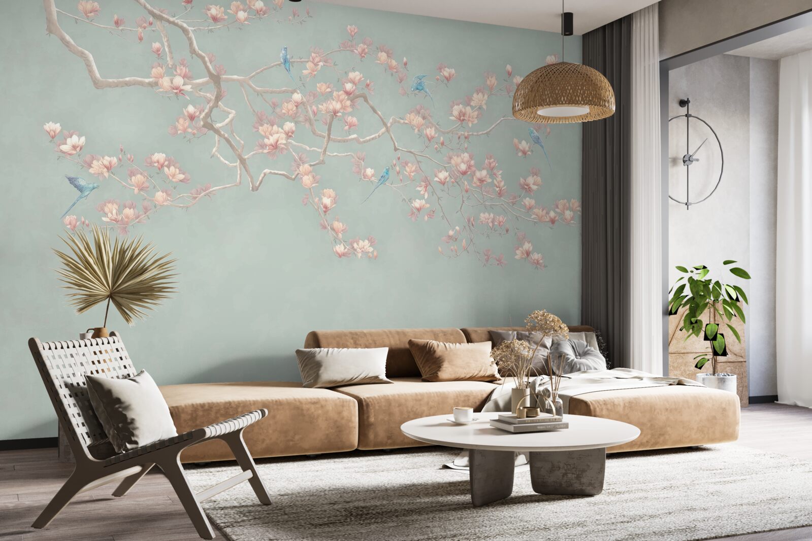 Papier peint branche avec fleurs et myrtilles