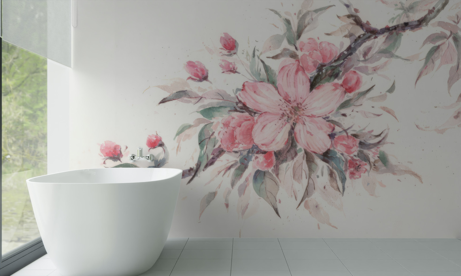 Papier peint branche avec une fleur rose épanouie