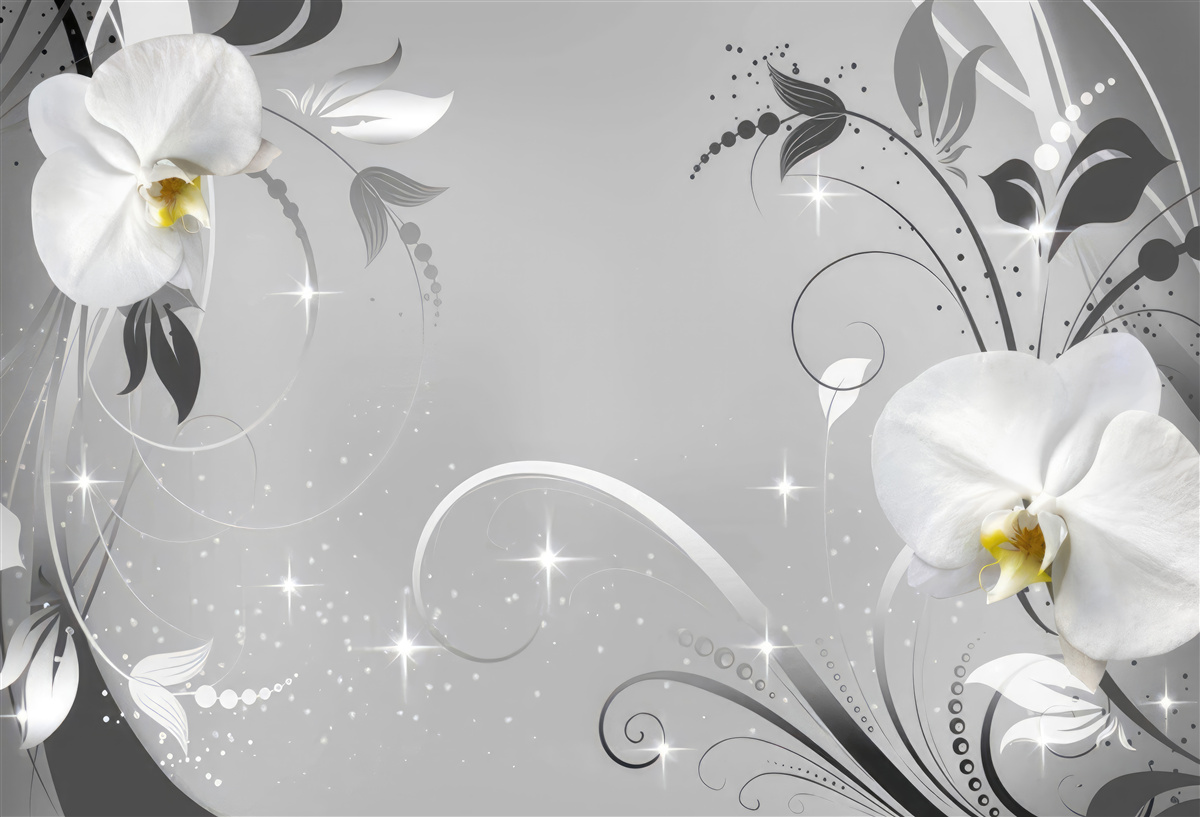 Papier peint orchidées blanches et feuilles grises