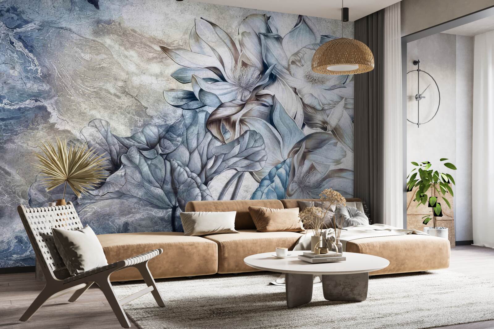 Papier peint fleurs représentant l'illusion des yeux bleus