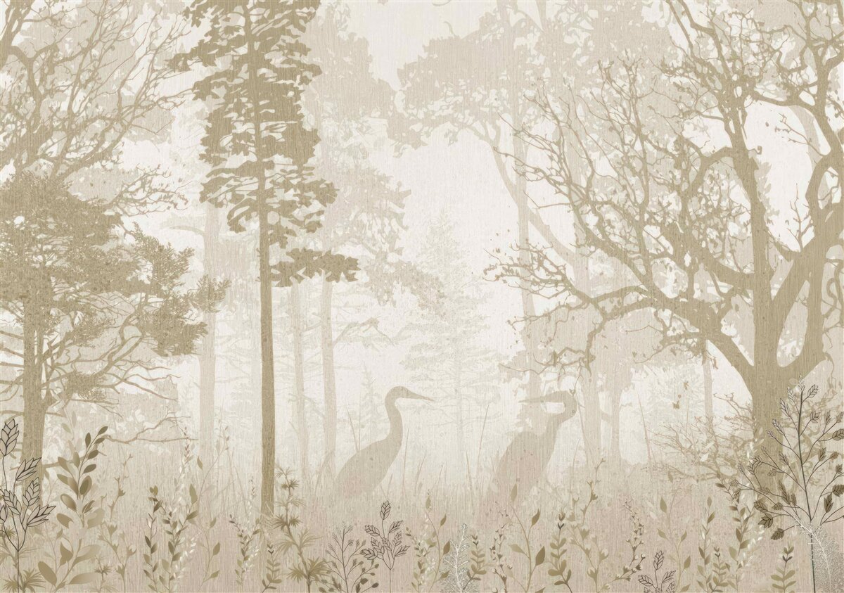 Papier peint des oiseaux glissant entre les arbres élancés