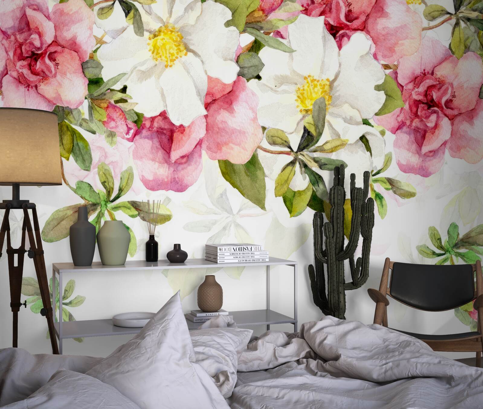Papier peint marguerites blanches et roses roses