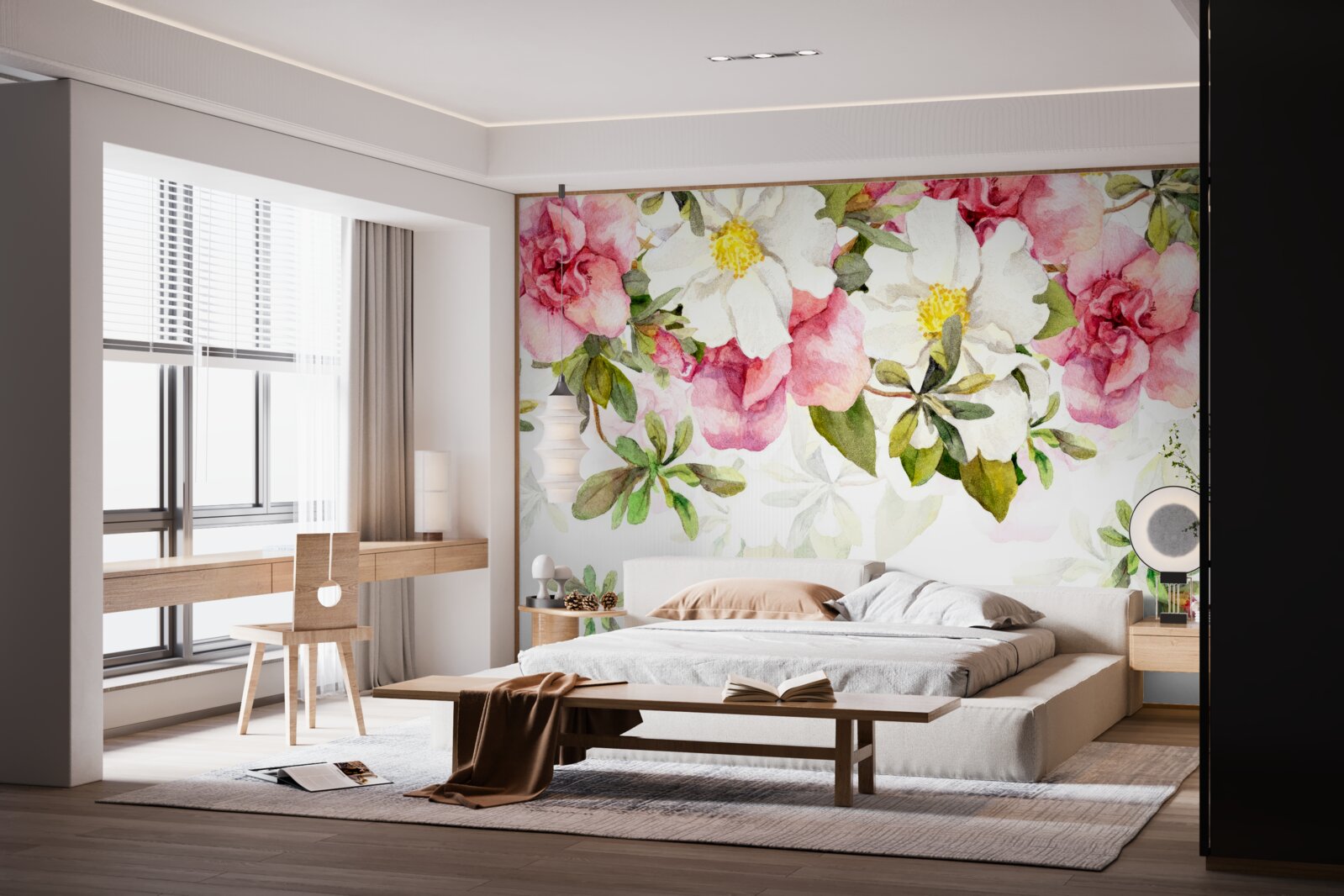 Papier peint marguerites blanches et roses roses