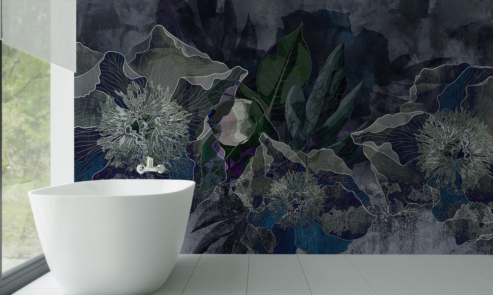 Papier peint fleurs peintes à l'aquarelle sur fond gris