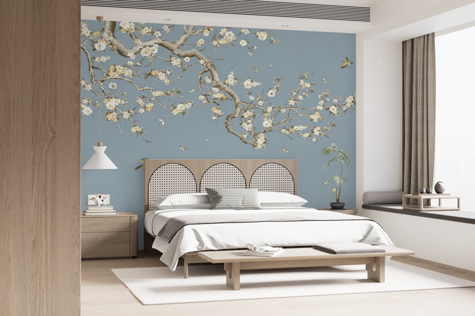 Papier peint tronc avec petites fleurs
