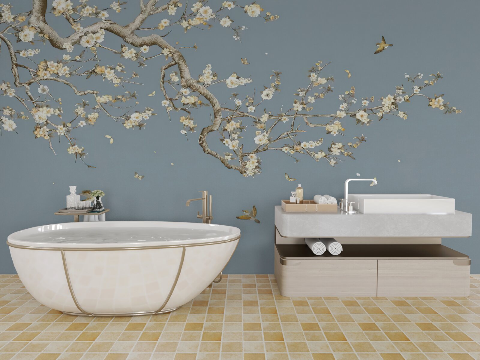 Papier peint tronc avec petites fleurs
