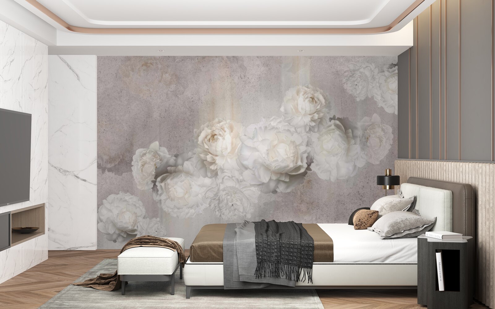 Papier peint grandes fleurs blanches
