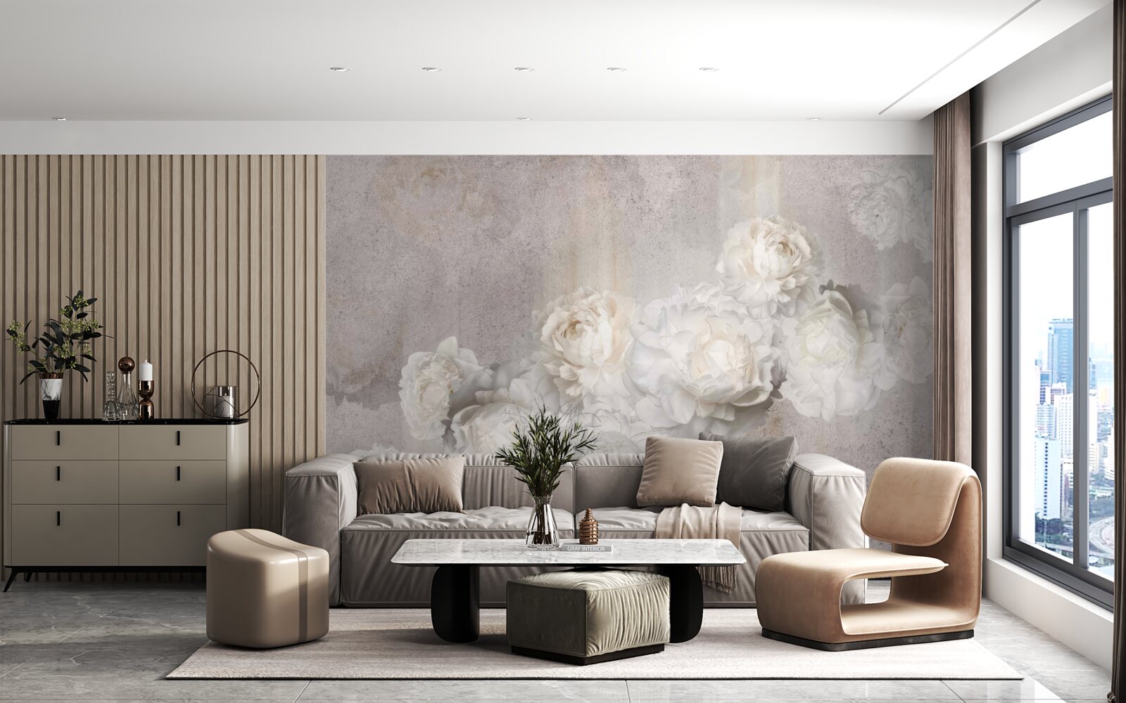 Papier peint grandes fleurs blanches