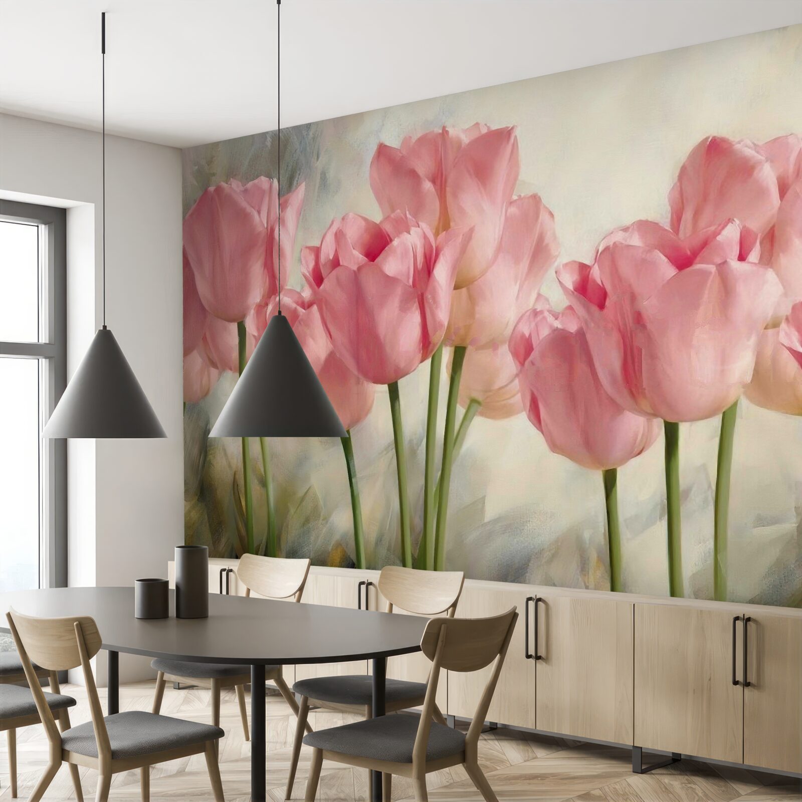 Papier peint tulipes roses en fleurs