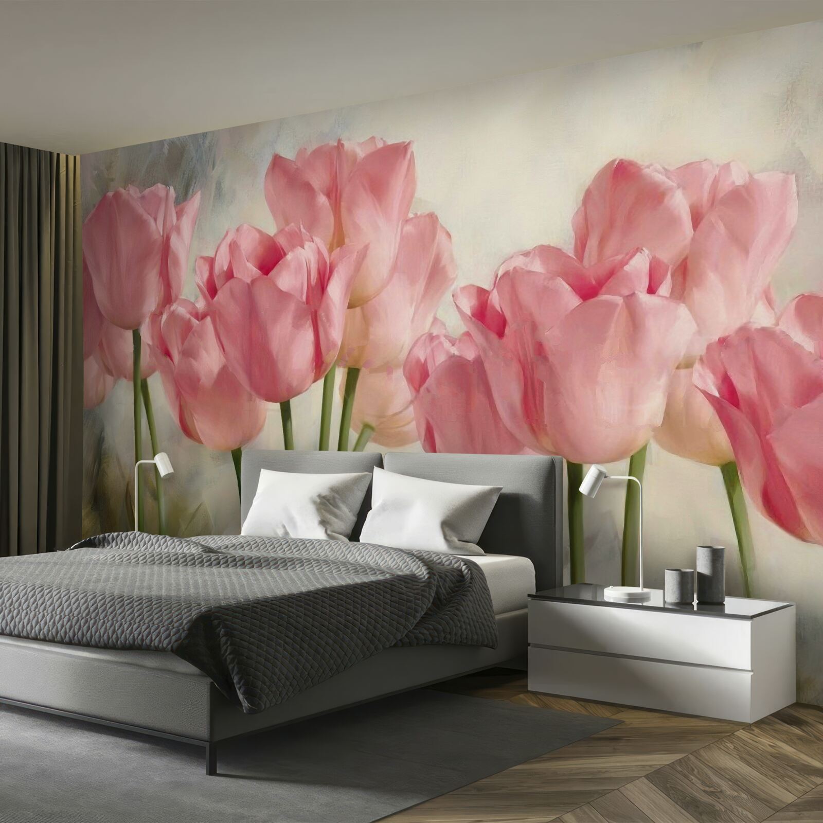 Papier peint tulipes roses en fleurs
