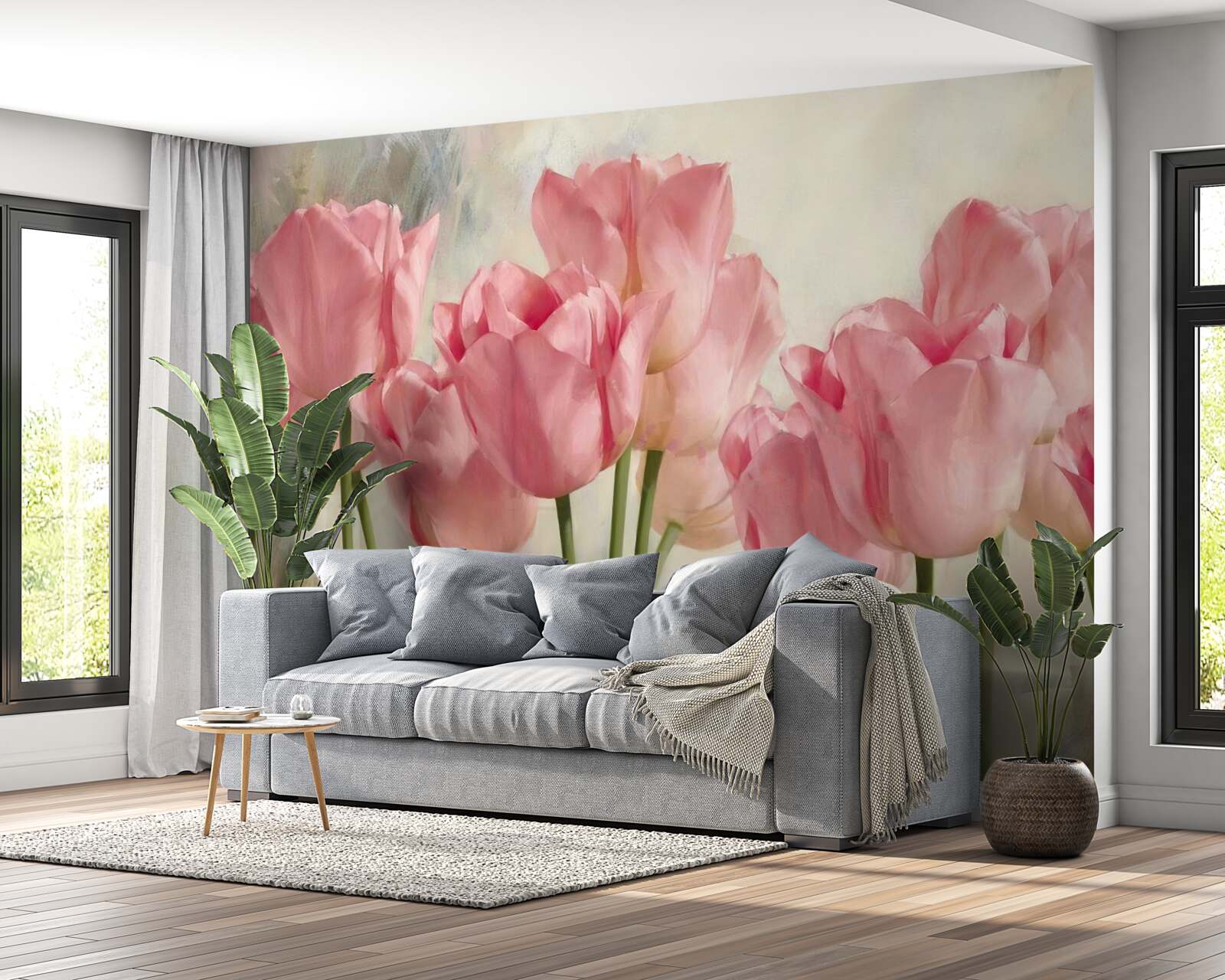 Papier peint tulipes roses en fleurs