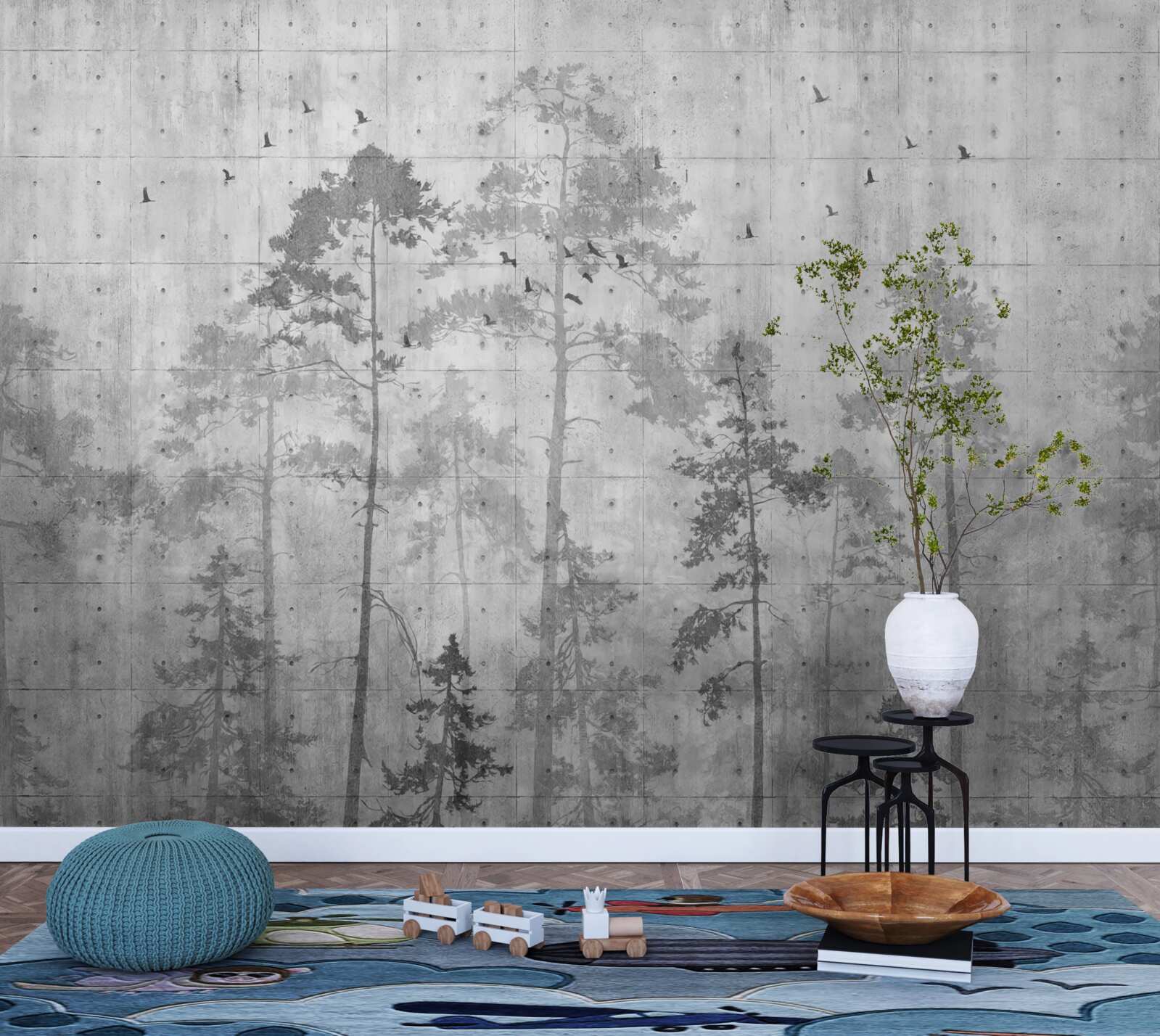 Papier peint forêt en noir et blanc
