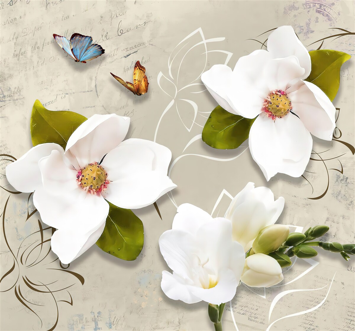 Papier peint deux papillons et des fleurs blanches