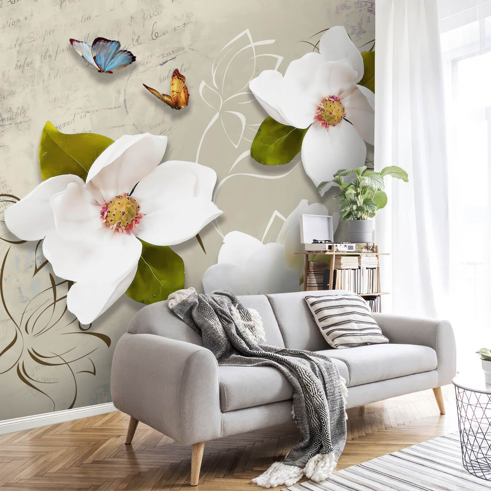 Papier peint deux papillons et des fleurs blanches