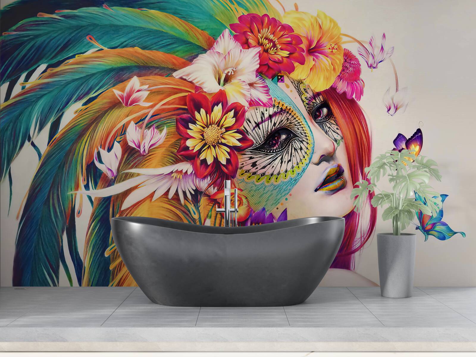 Papier peint fille avec des plumes brillantes et des fleurs dans les cheveux