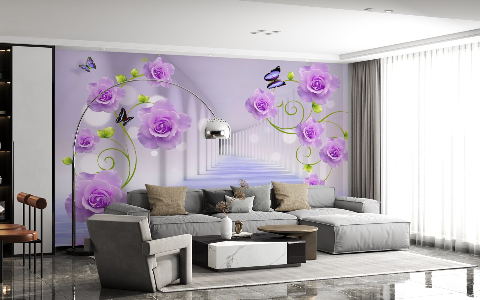 Papier peint long corridor et roses lilas