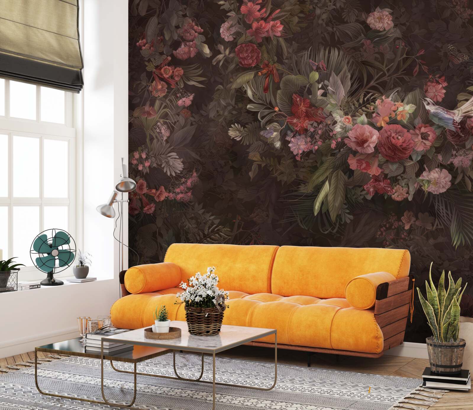 Papier peint jardin sombre avec des fleurs