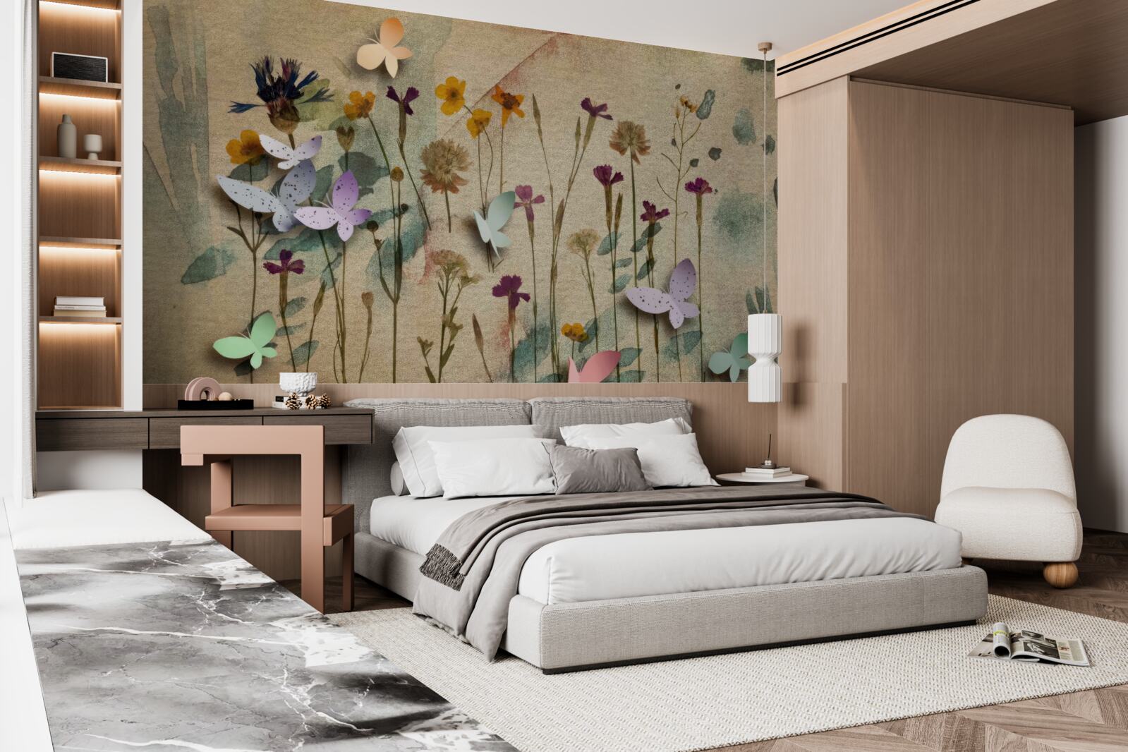 Papier peint grandes fleurs et papillons dans le dessin