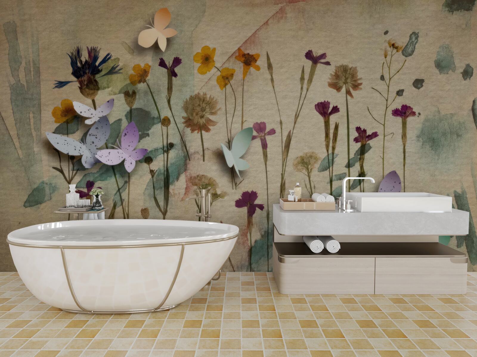 Papier peint grandes fleurs et papillons dans le dessin